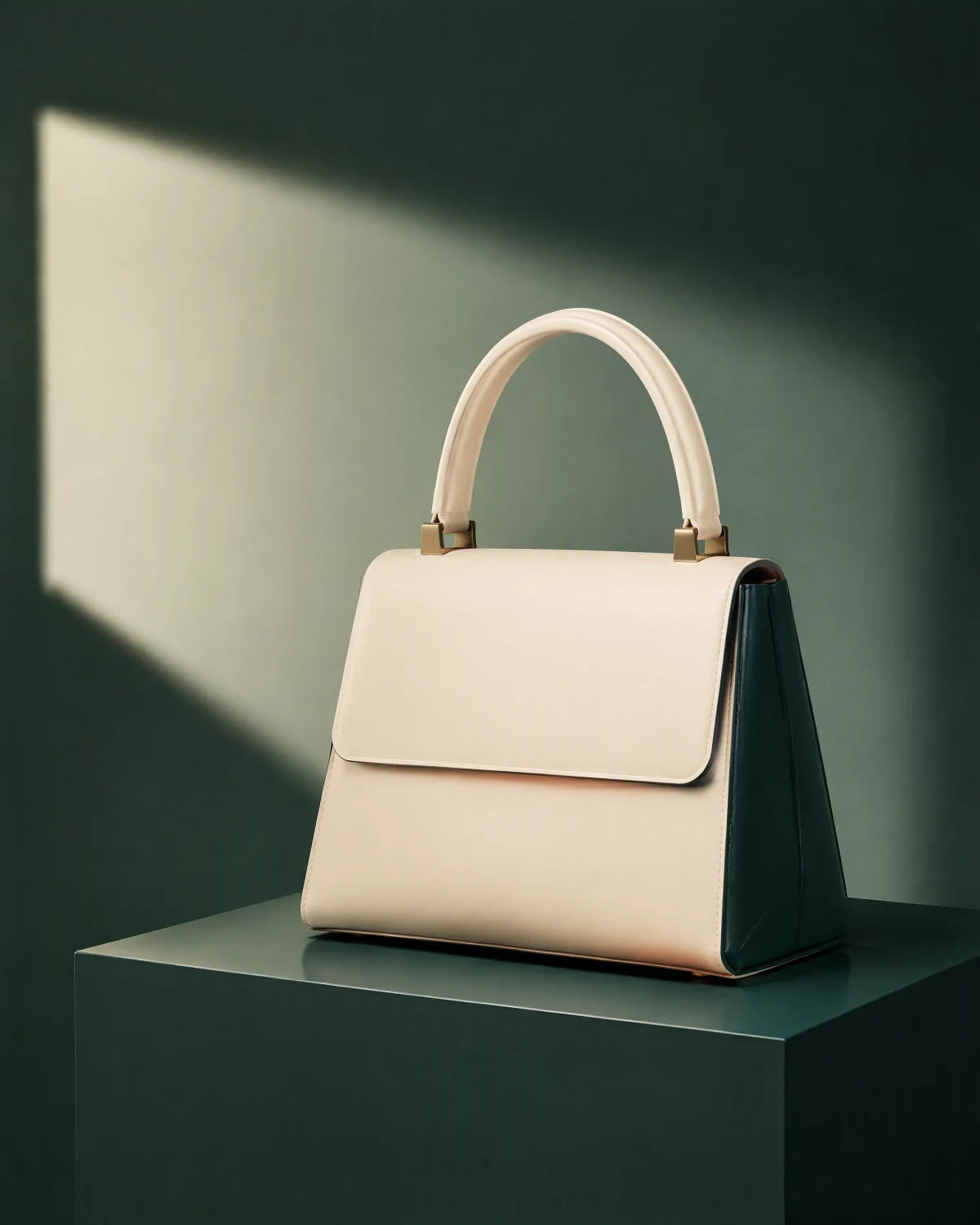 Étude de style d’un sac ivoire structuré, avec soufflets verts, poignée en arche et attaches couleur laiton.